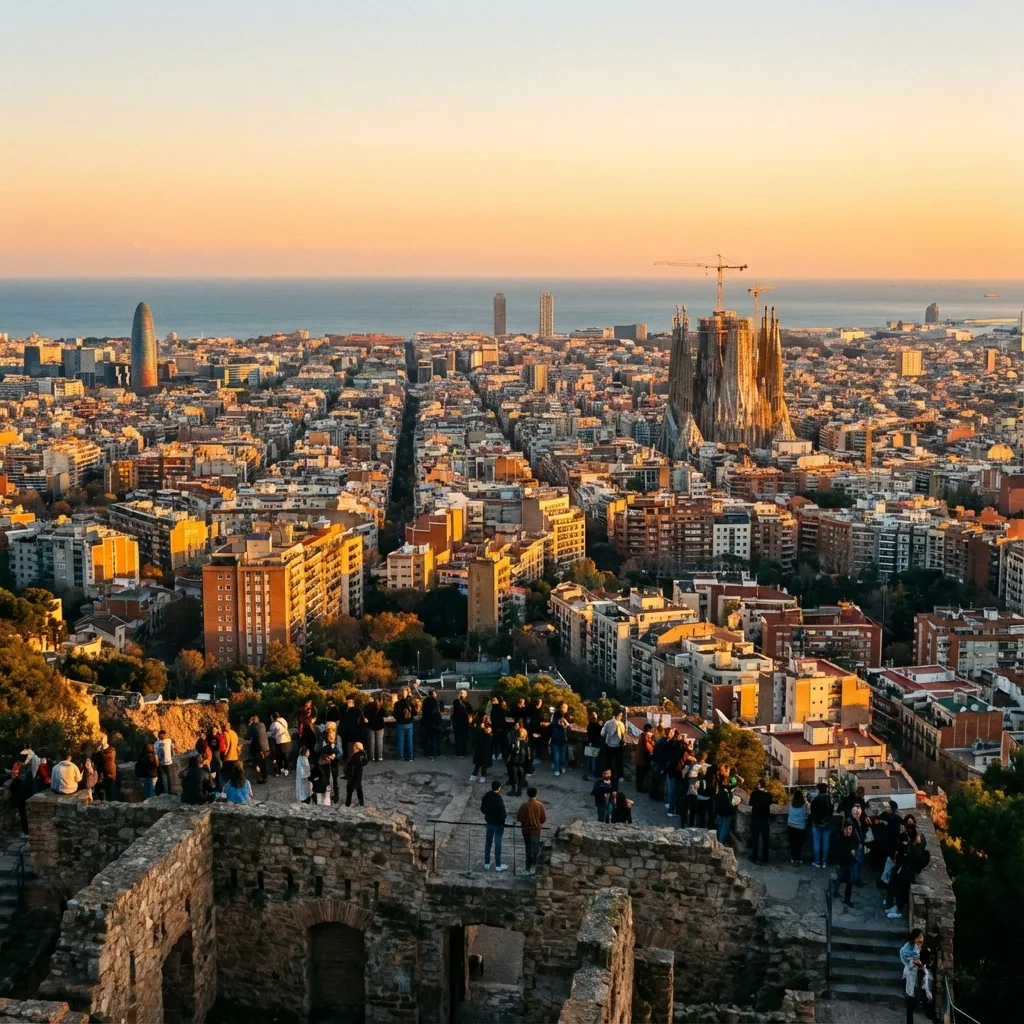Vistas panorámicas Barcelona atardecer desde Bunkers