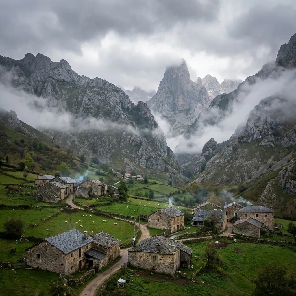 Aldea de piedra de Bulnes entre montañas nubladas de los Picos de Europa
