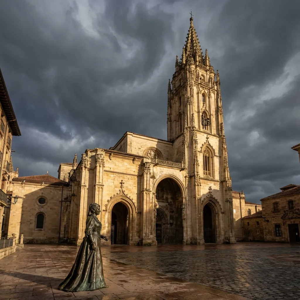 Catedral gótica de Oviedo y estatua de La Regenta bajo un cielo dramático