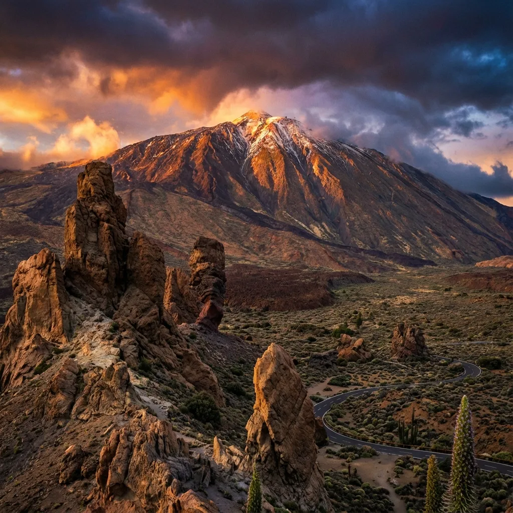 El Teide nevado sobre paisaje volcánico