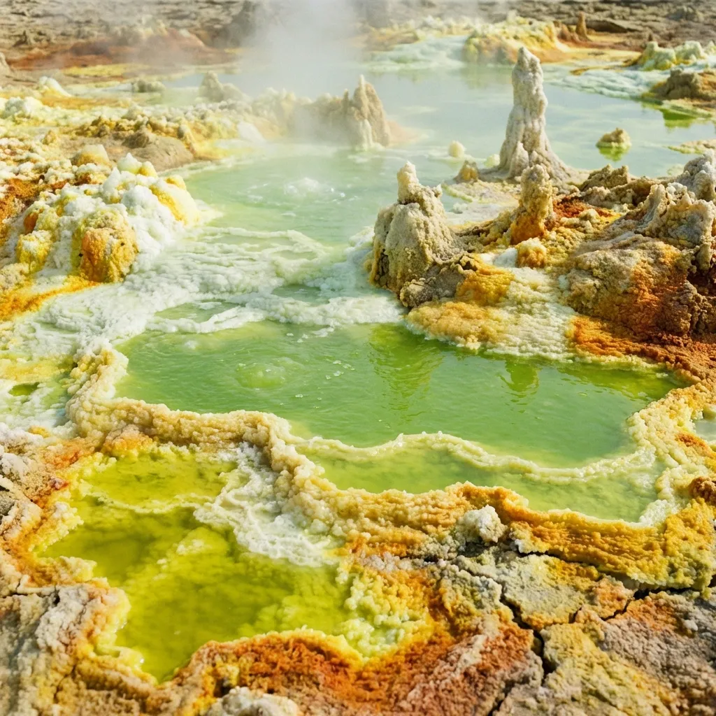 Piscinas de ácido amarillas y verdes en Dallol