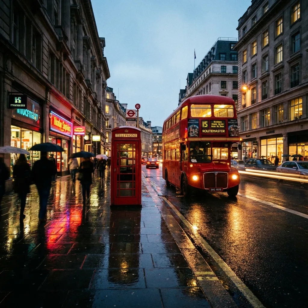 Calle de Londres con bus rojo y lluvia