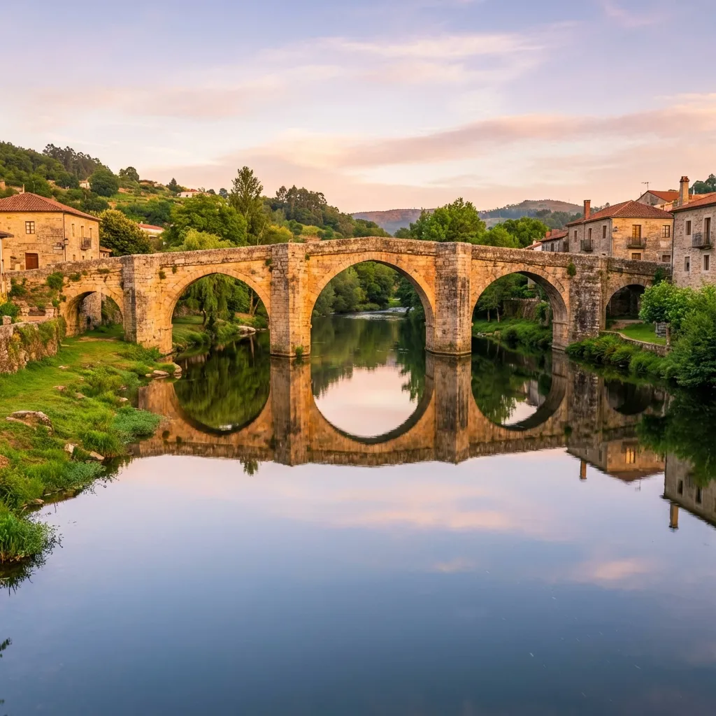 Puente románico de Allariz reflejado en el río Arnoia al atardecer