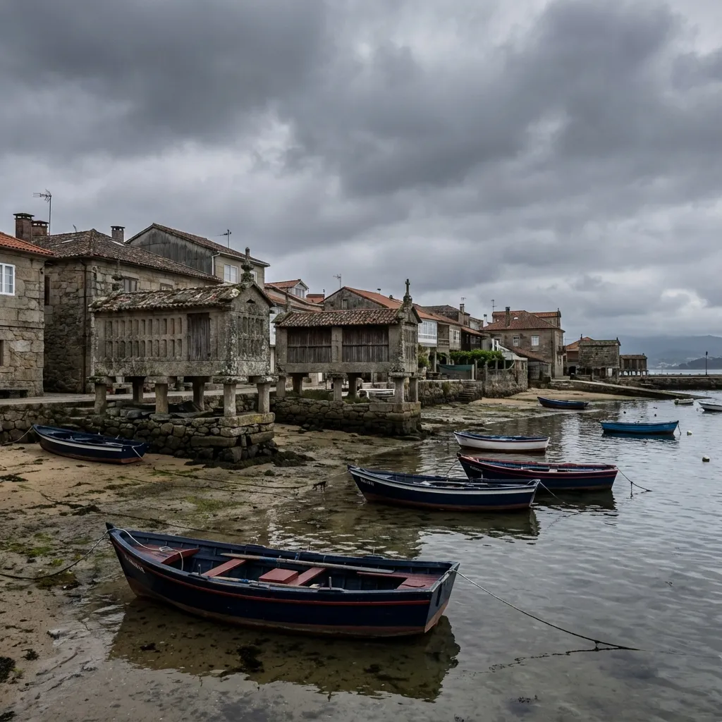 Hórreos de piedra al borde del mar en Combarro