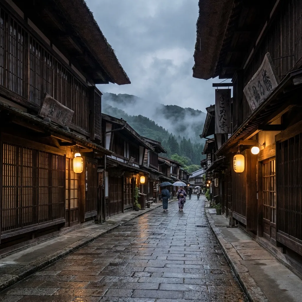 Pueblo de posta antiguo en Ruta Nakasendo