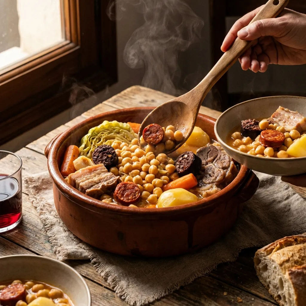 Cocido madrileño tradicional en puchero de barro