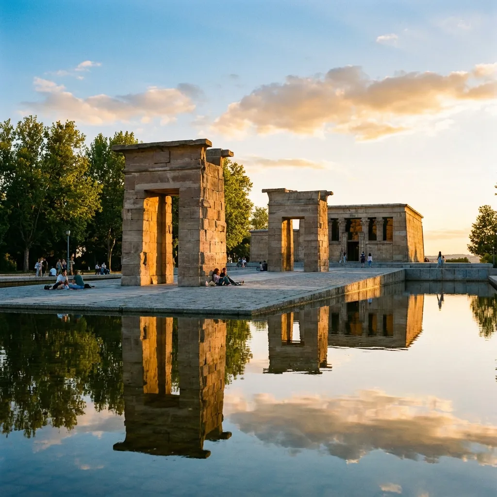 Atardecer dorado en el Templo de Debod, el antiguo Egipto en Madrid