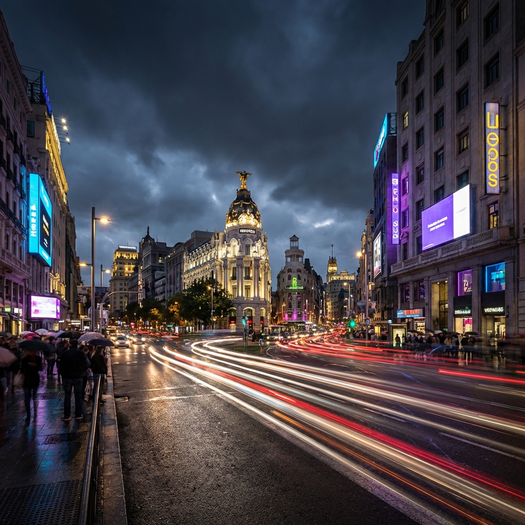 Gran Vía de Madrid iluminada de noche
