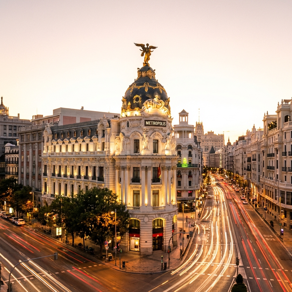 Edificio Metrópolis en la Gran Vía de Madrid al atardecer
