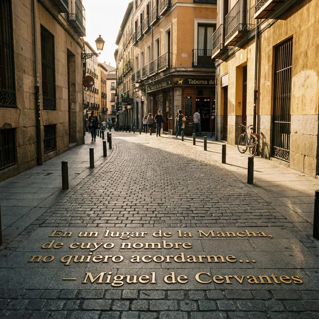 Las letras doradas en el pavimento de la calle Huertas, un homenaje a los gigantes de la literatura española