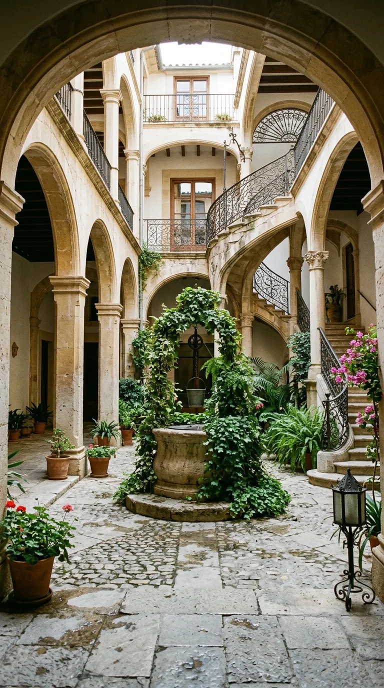 Patio señorial noble con arcos de piedra en el casco antiguo de Palma