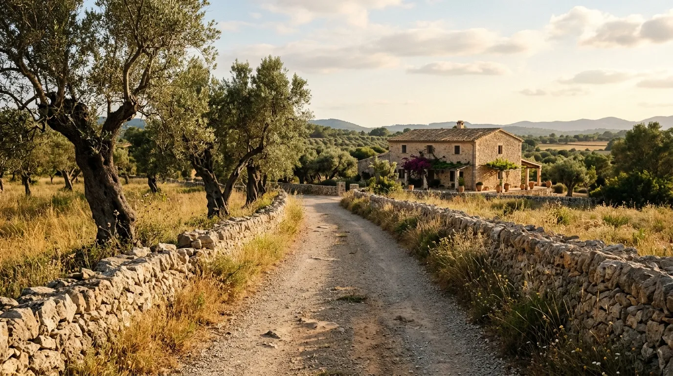 Carretera rural bordeada de muros de piedra en el Pla de Mallorca