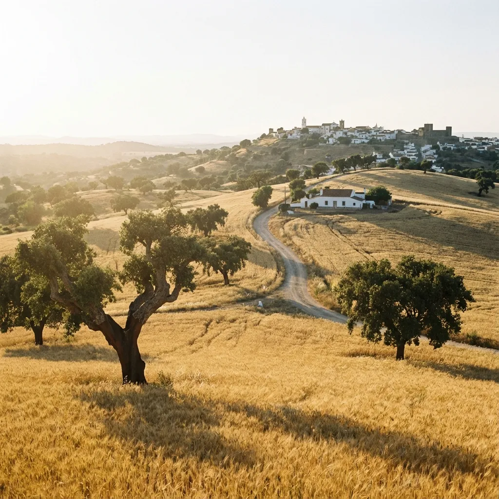 Paisaje del Alentejo con alcornoques y campos dorados