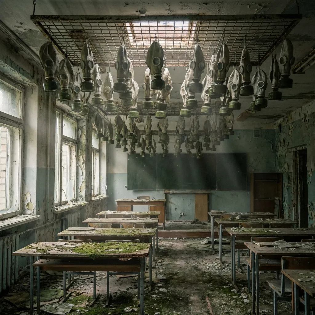 Máscaras de gas colgando en un aula de Prípiat