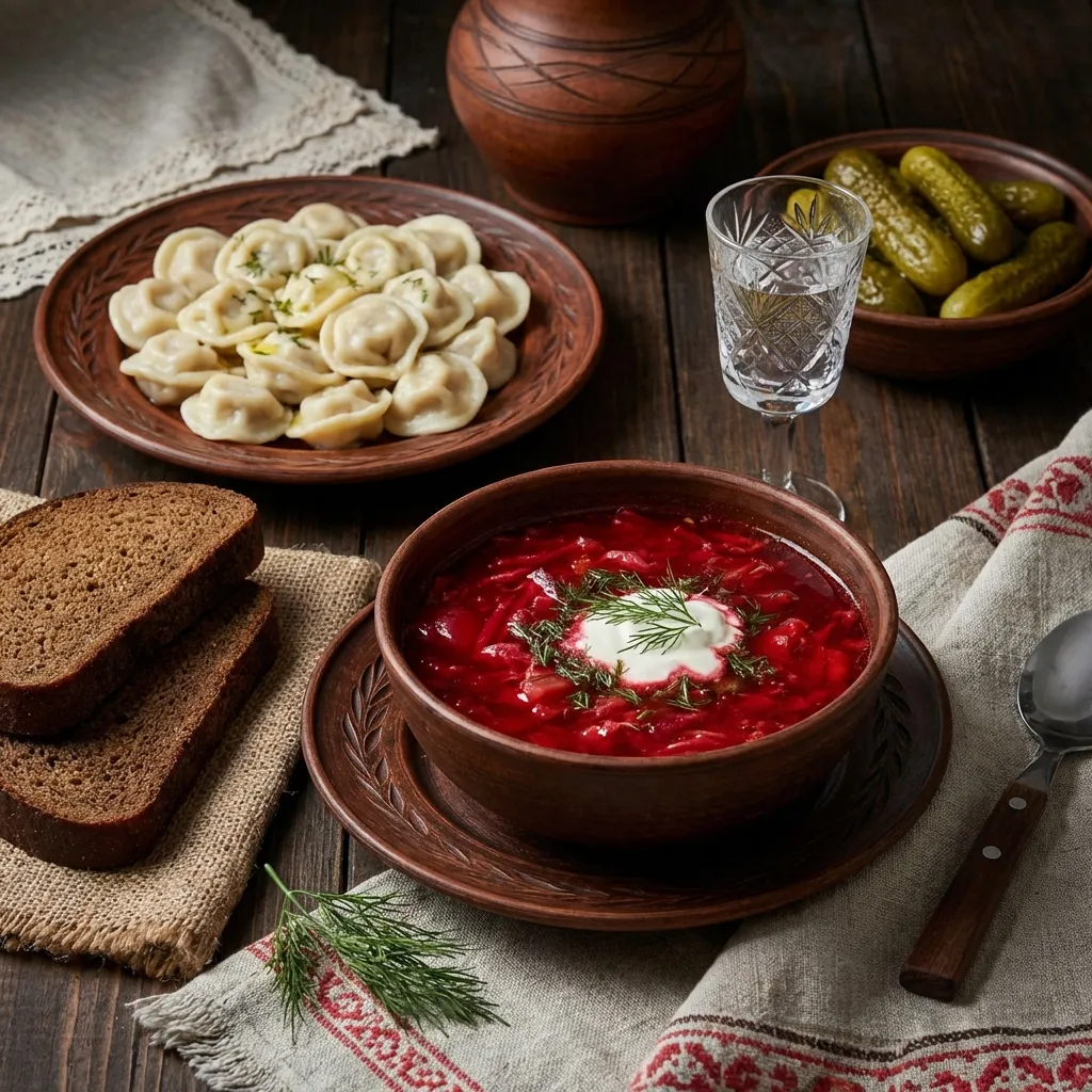 Banquete ruso con Borsch y Pelmeni