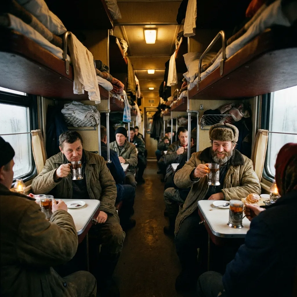 Interior de un vagón de tercera clase (Platskart) en el Transiberiano con pasajeros bebiendo té