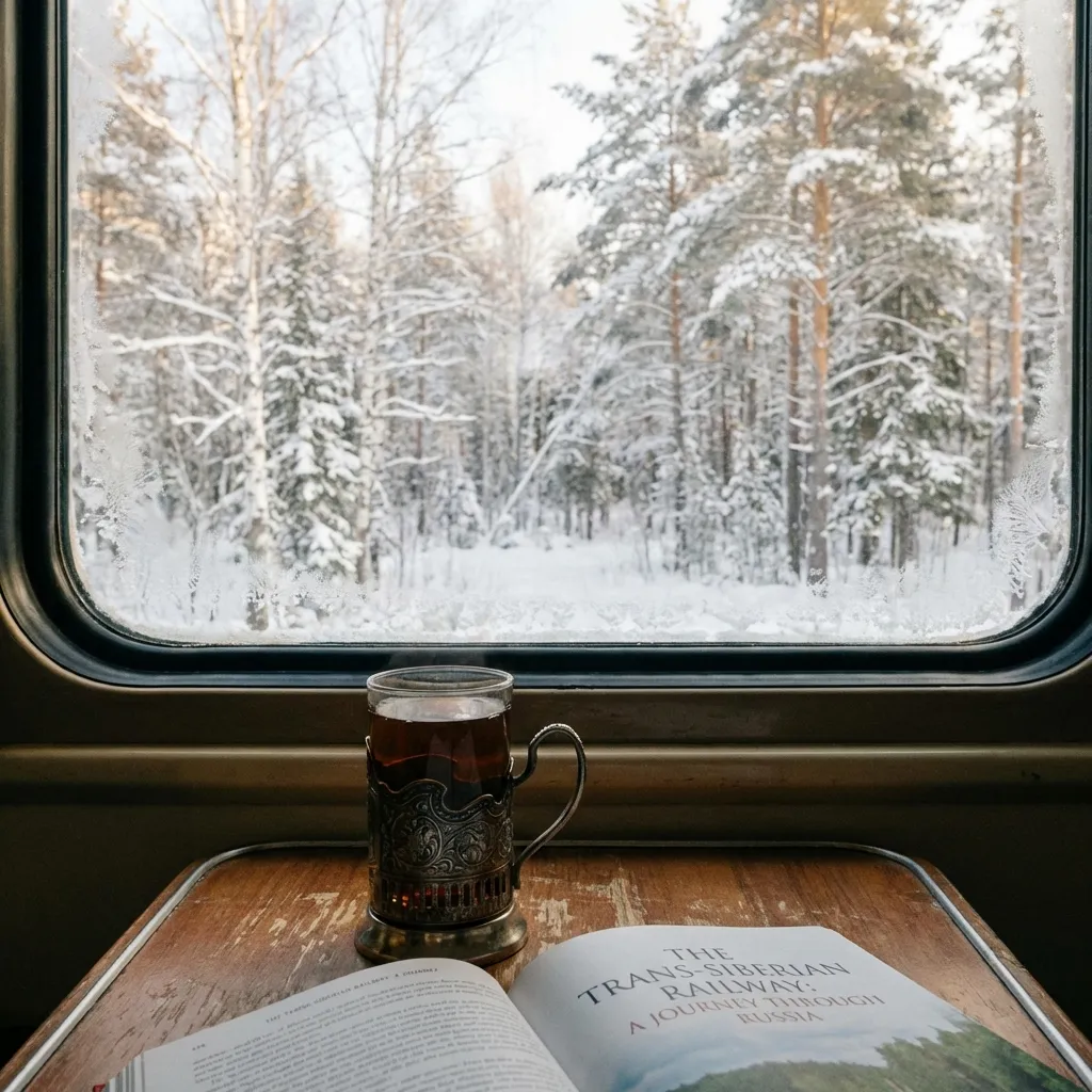 Vista desde la ventana del tren Transiberiano de un bosque nevado con té caliente