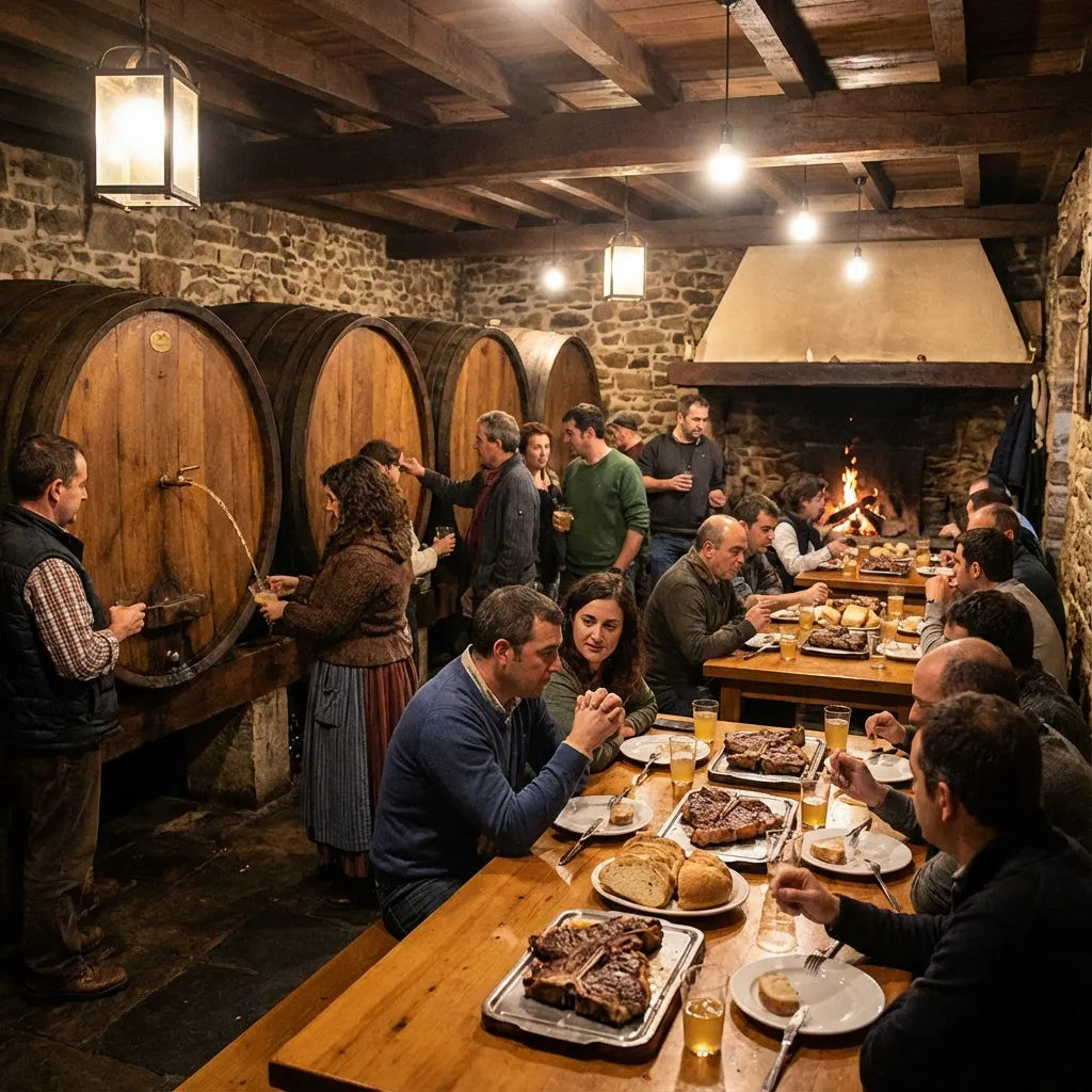 Interior de una sidrería vasca tradicional con kupelas