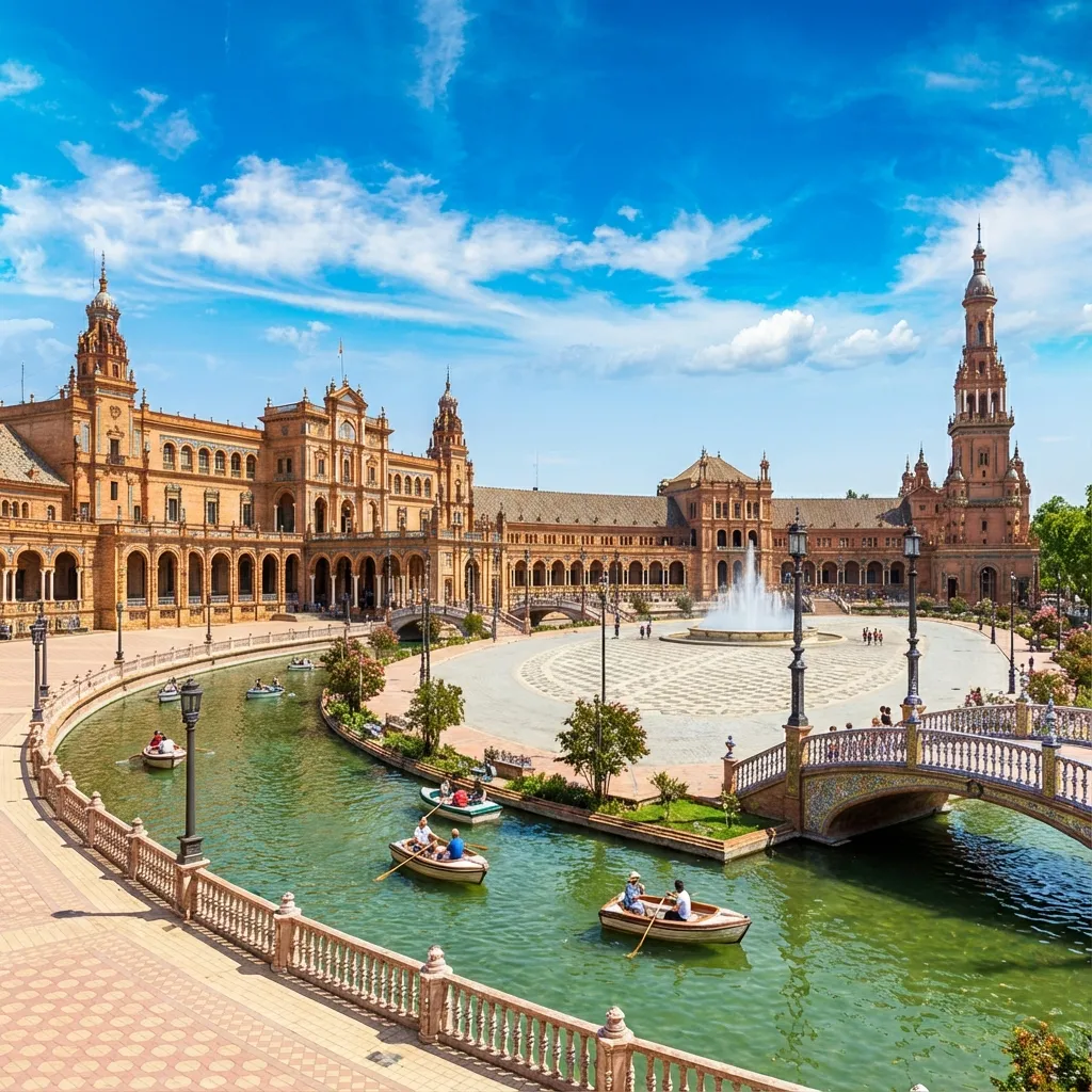 Plaza de España de Sevilla al atardecer con barcas