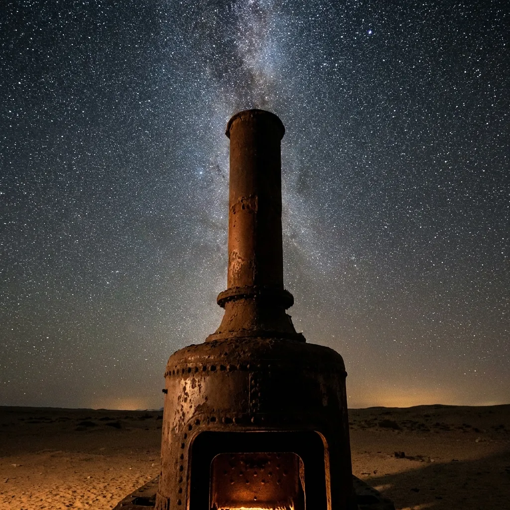 Chimenea de tren oxidada bajo las estrellas en Uyuni