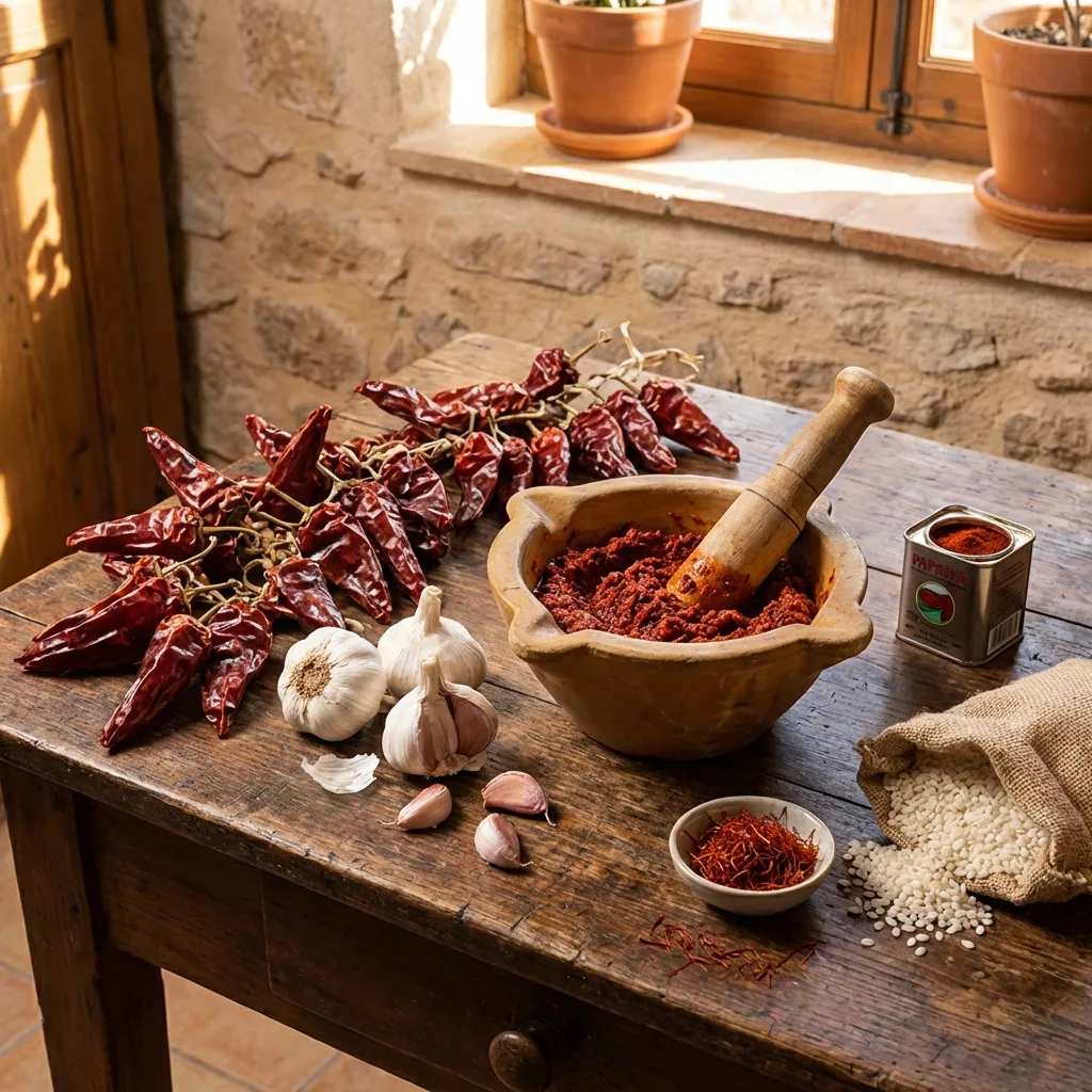 Ingredientes básicos de la Salmorreta: Ñoras, ajos, tomate y mucho aceite virgen extra.