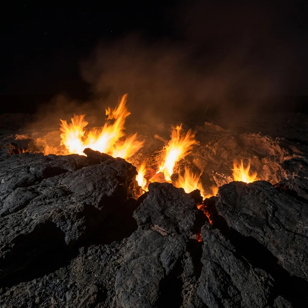 Primer plano del fuego eterno del cráter de Darvaza