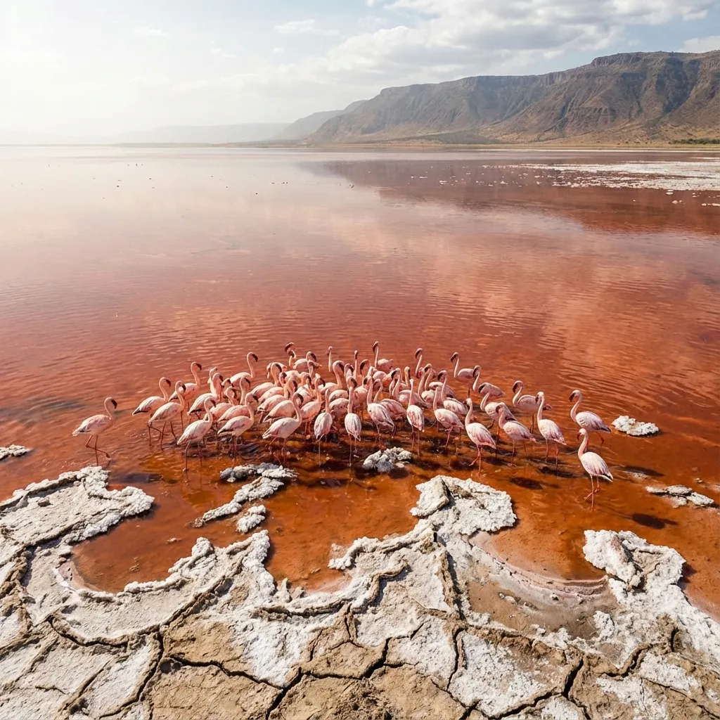 Flamencos enanos en las aguas rojas del Lago Natron