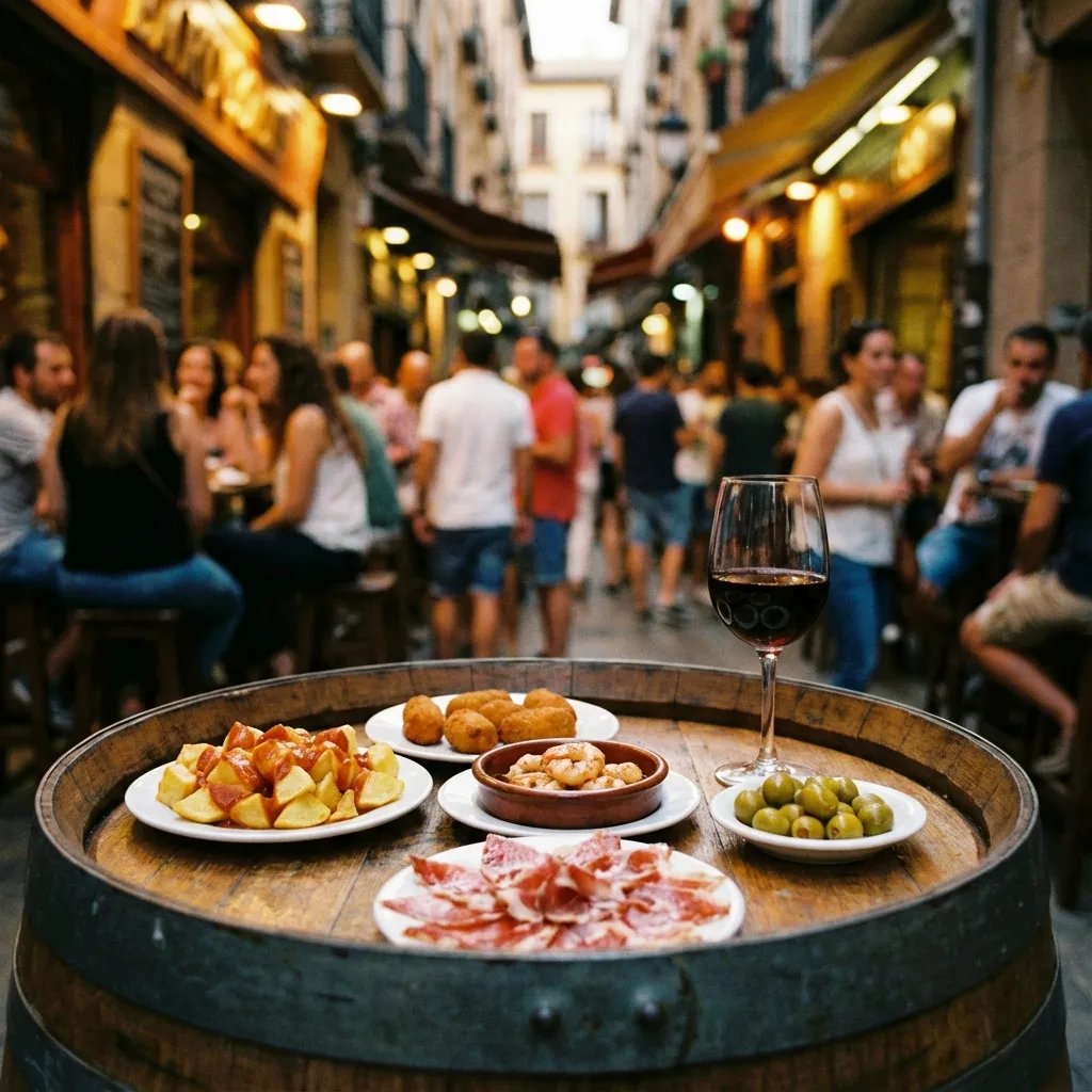 Primer plano de tapas y vino en una mesa de El Tubo