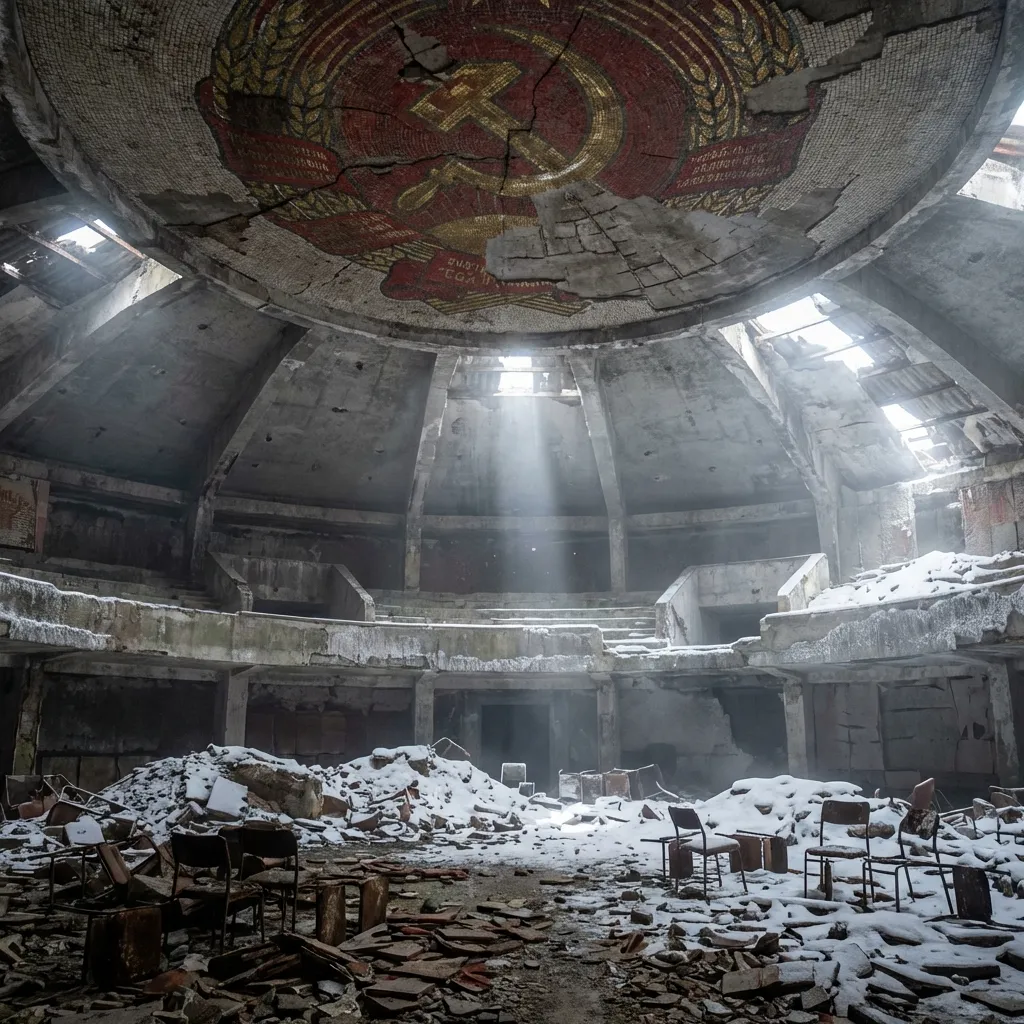 Interior del auditorio de Buzludzha con mosaicos rotos