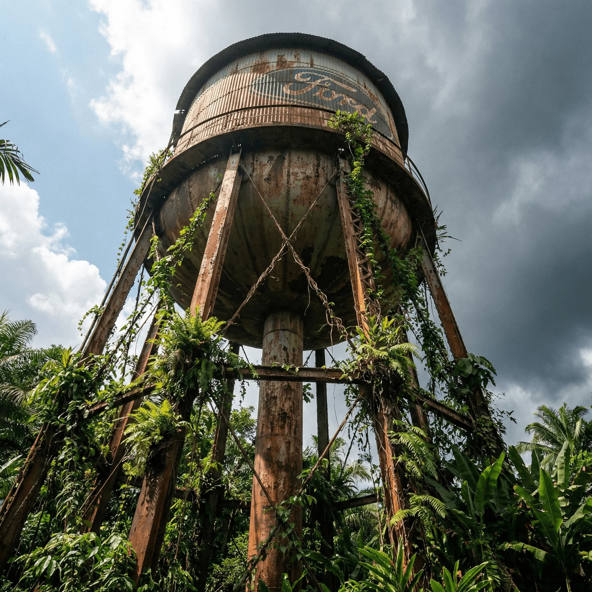 Torre de agua de Fordlândia oxidada en la selva