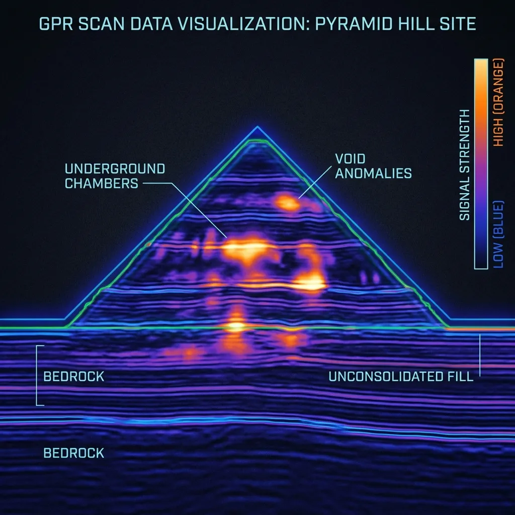 Escaneo geo-radar mostrando cámaras huecas bajo la pirámide