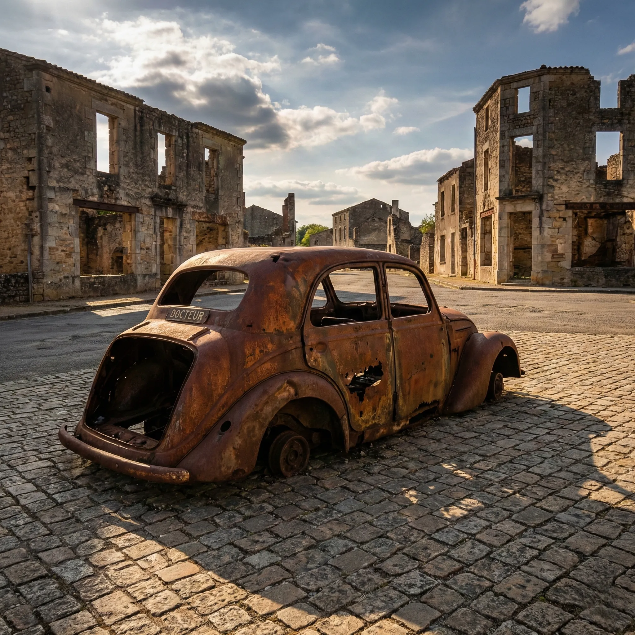El coche oxidado del doctor en la plaza de Oradour