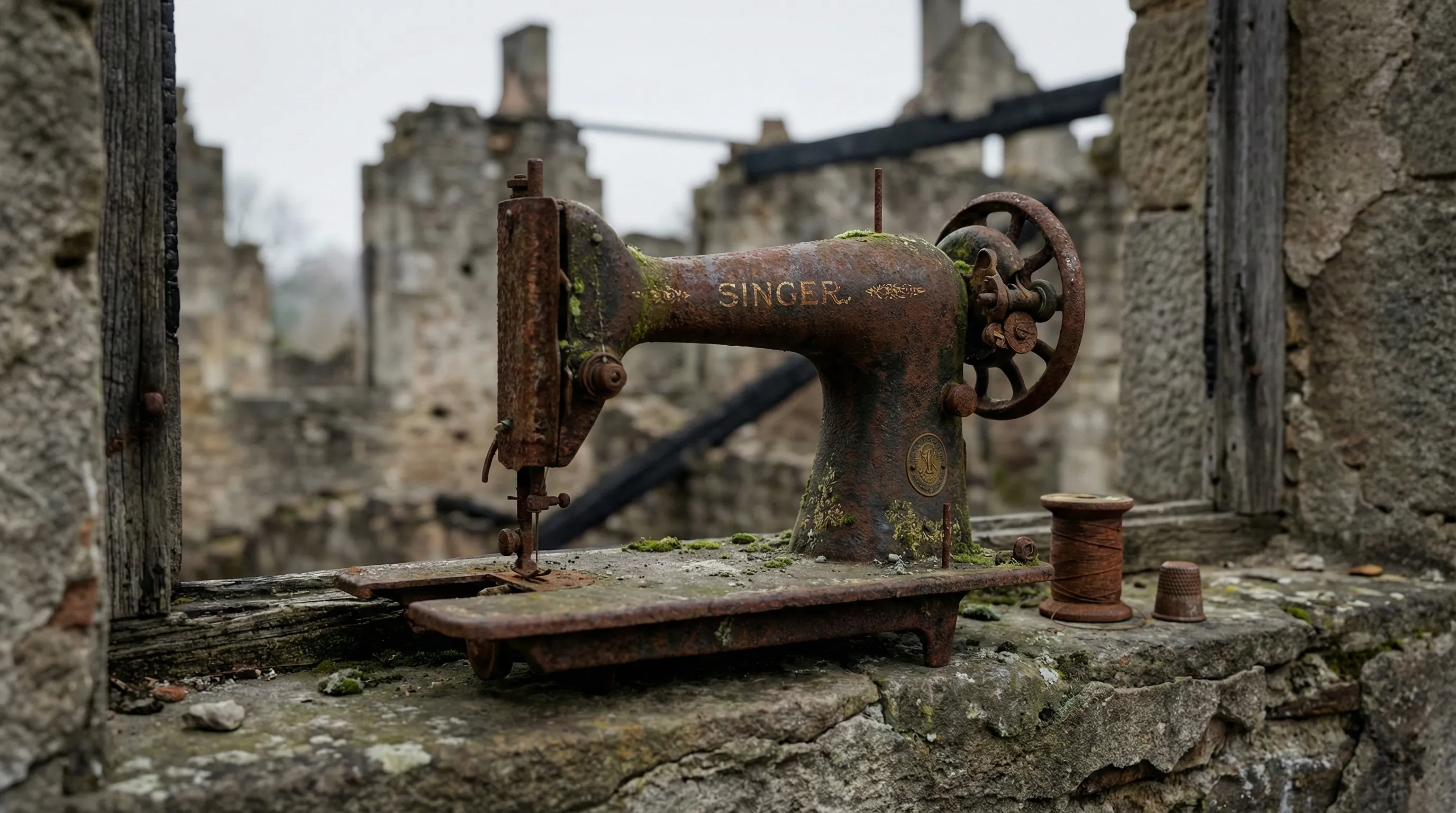 Máquina de coser oxidada en una ventana