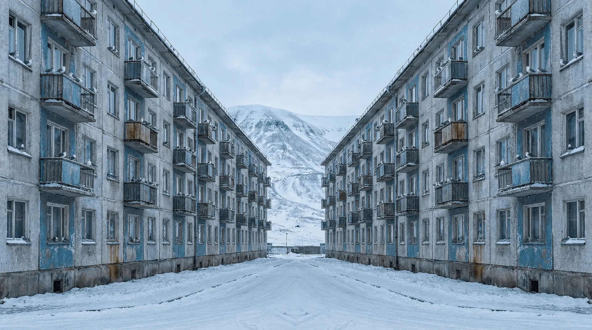 Edificios de bloques soviéticos en la nieve