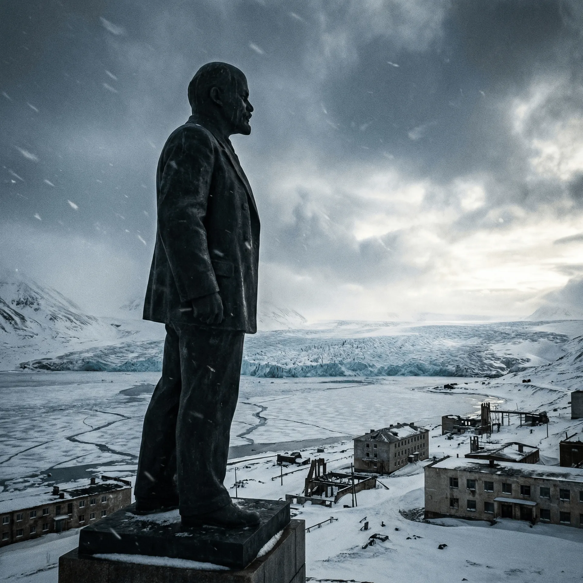 Estatua de Lenin en Pyramiden con glaciar al fondo