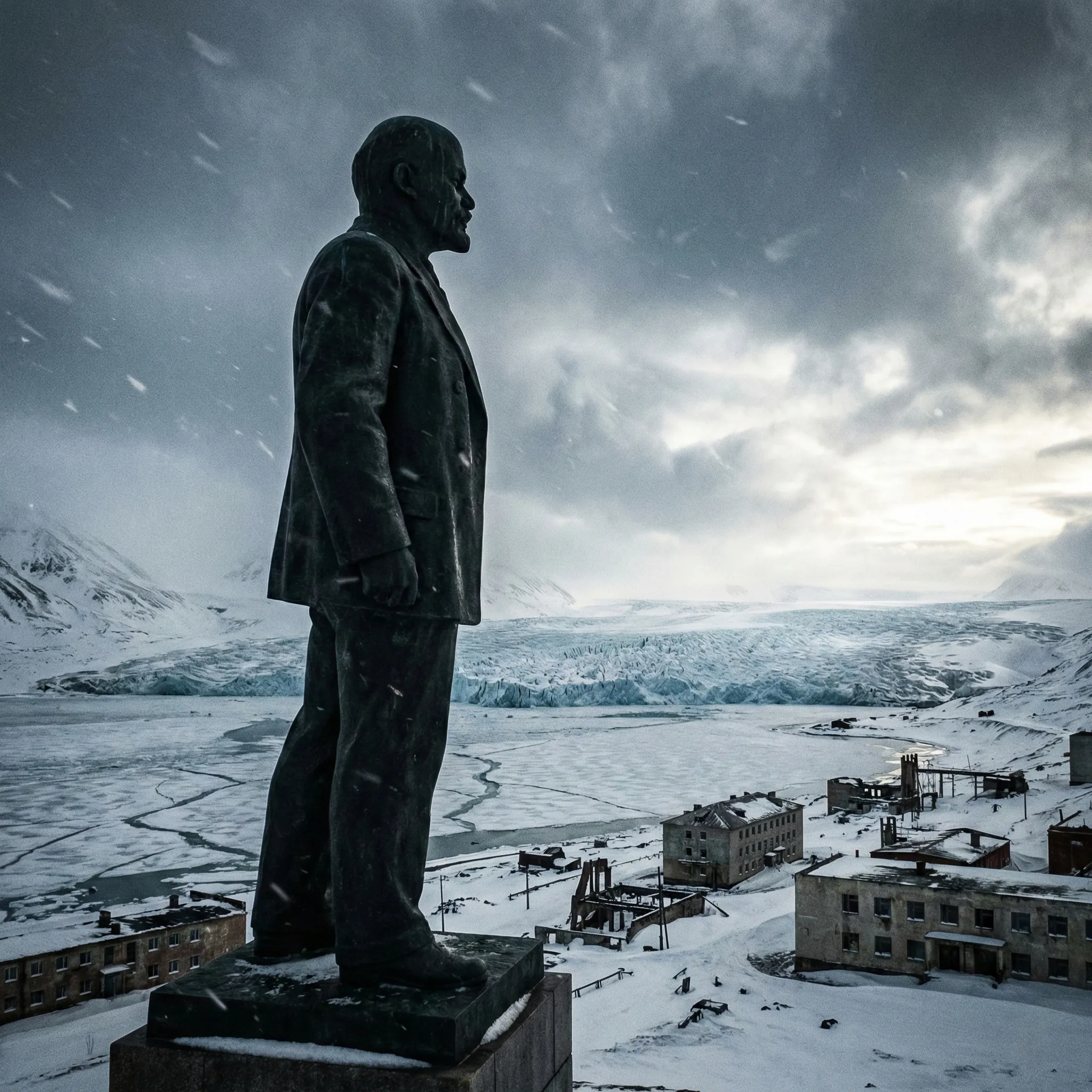 Estatua de Lenin en Pyramiden con glaciar al fondo