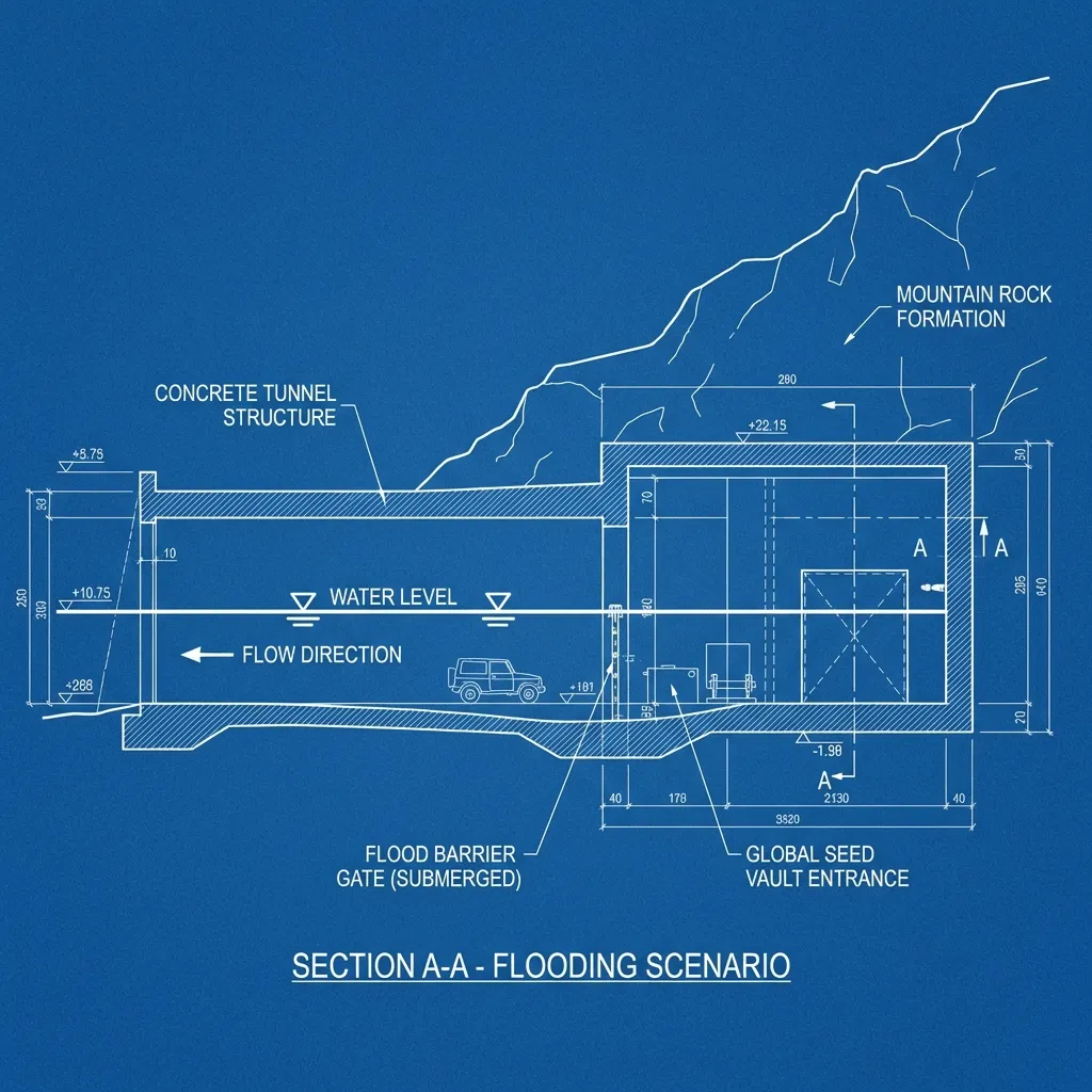 Plano técnico de corte transversal del túnel inundado