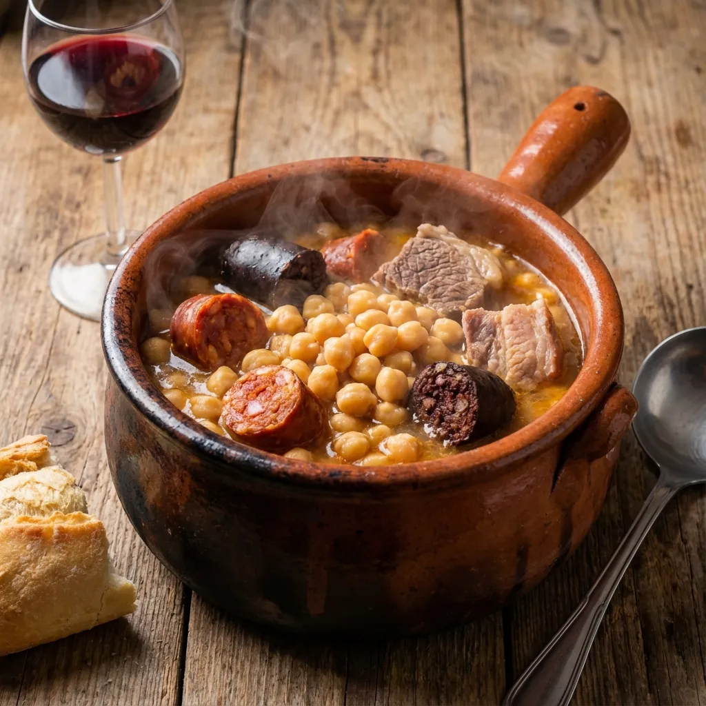 Puchero de barro con cocido madrileño humeante sobre brasas