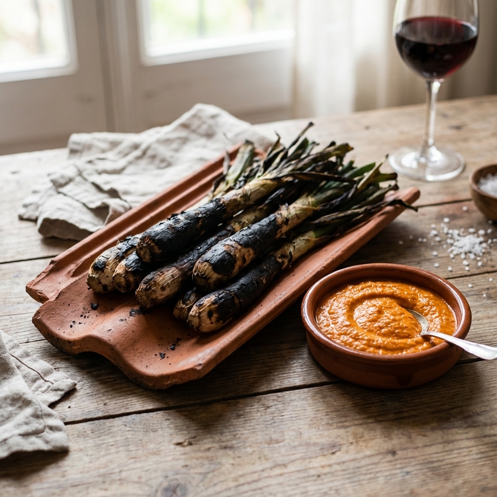 Calçots negros sobre teja con salsa romesco