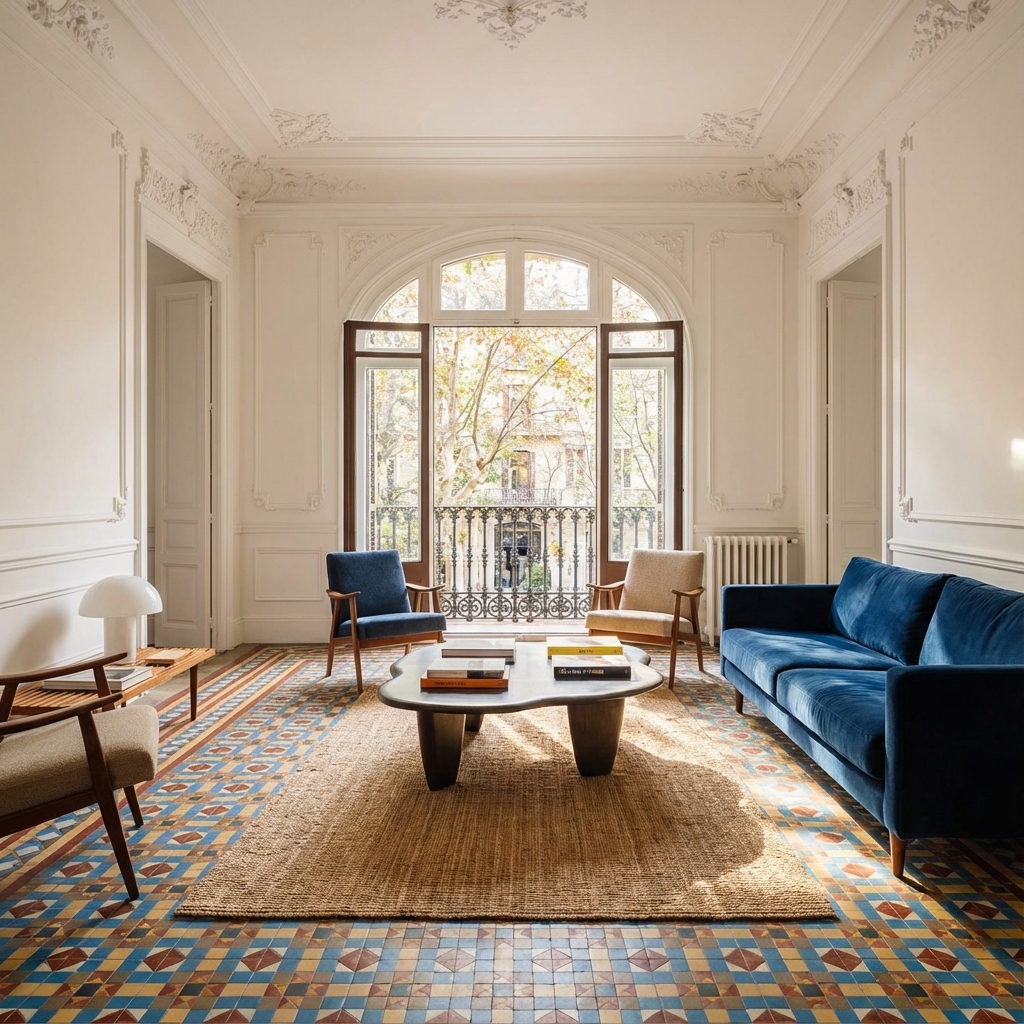 Interior piso modernista Eixample suelo hidráulico