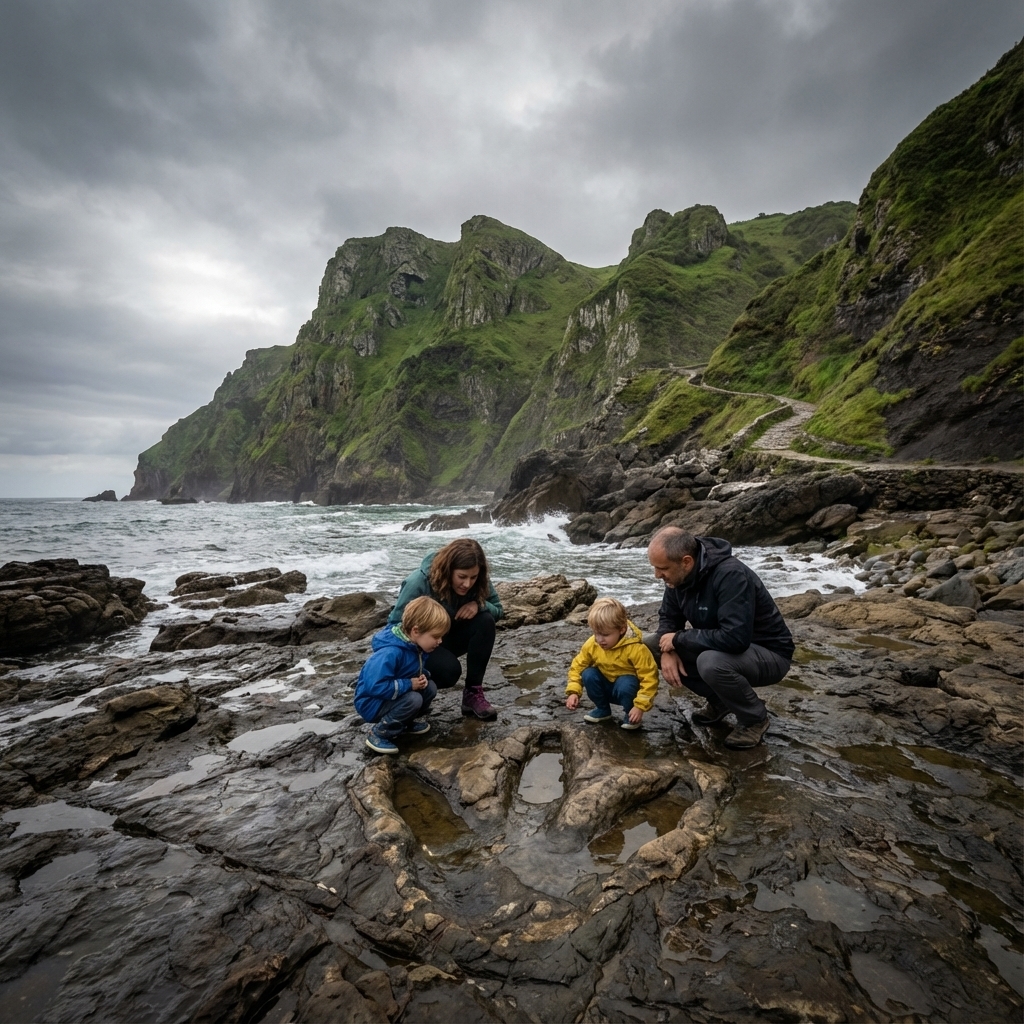 Familia con niños explorando huellas de dinosaurio en la costa rocosa de Asturias
