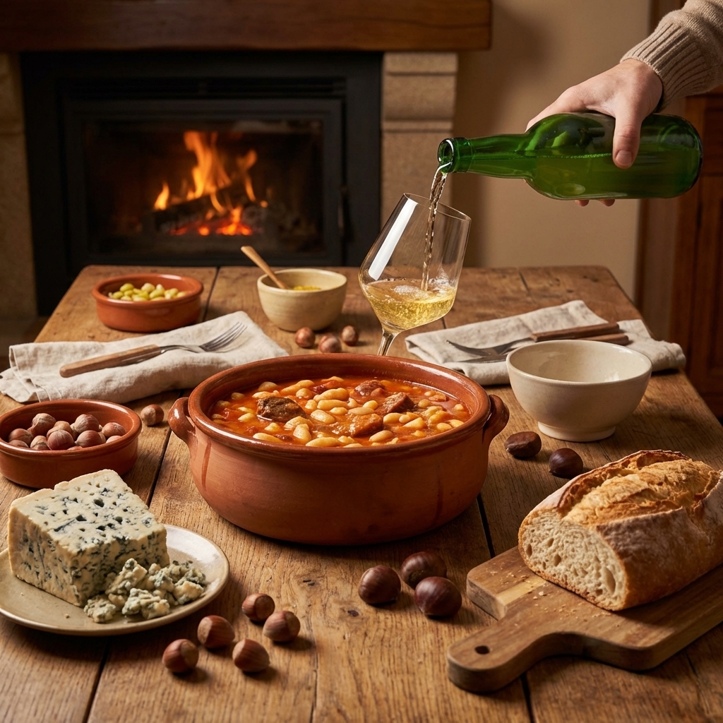 Mesa de madera con fabada asturiana, botella de sidra escanciando y queso Cabrales