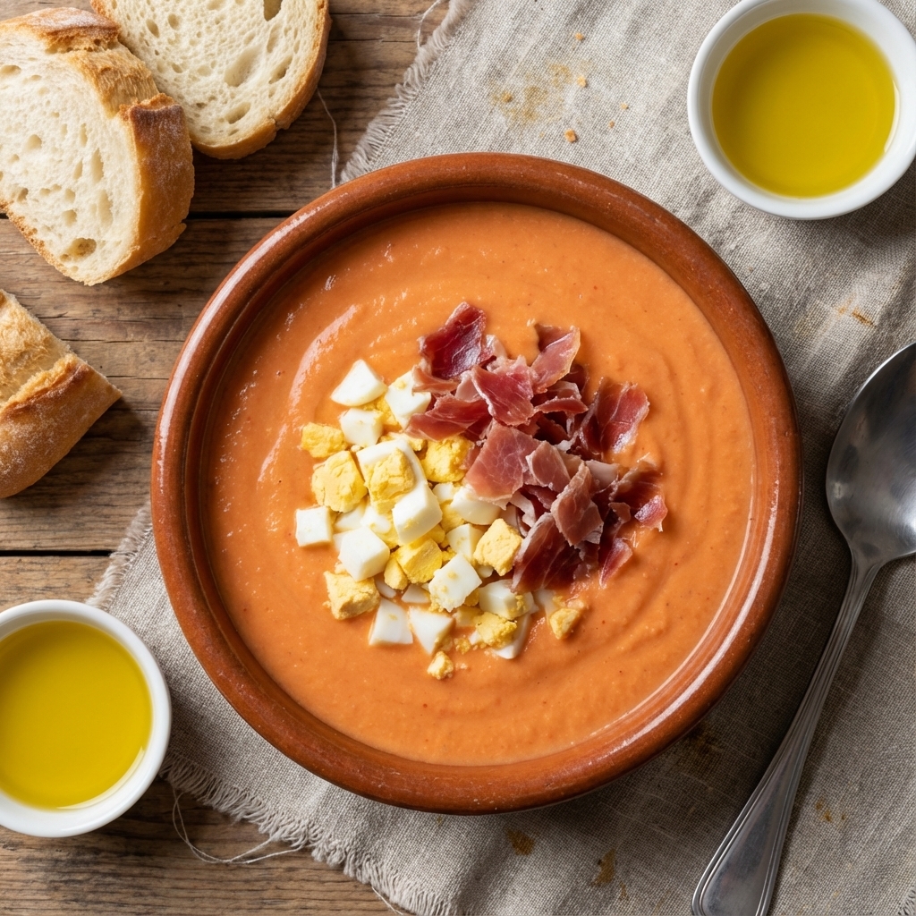 Salmorejo cordobés con jamón y huevo