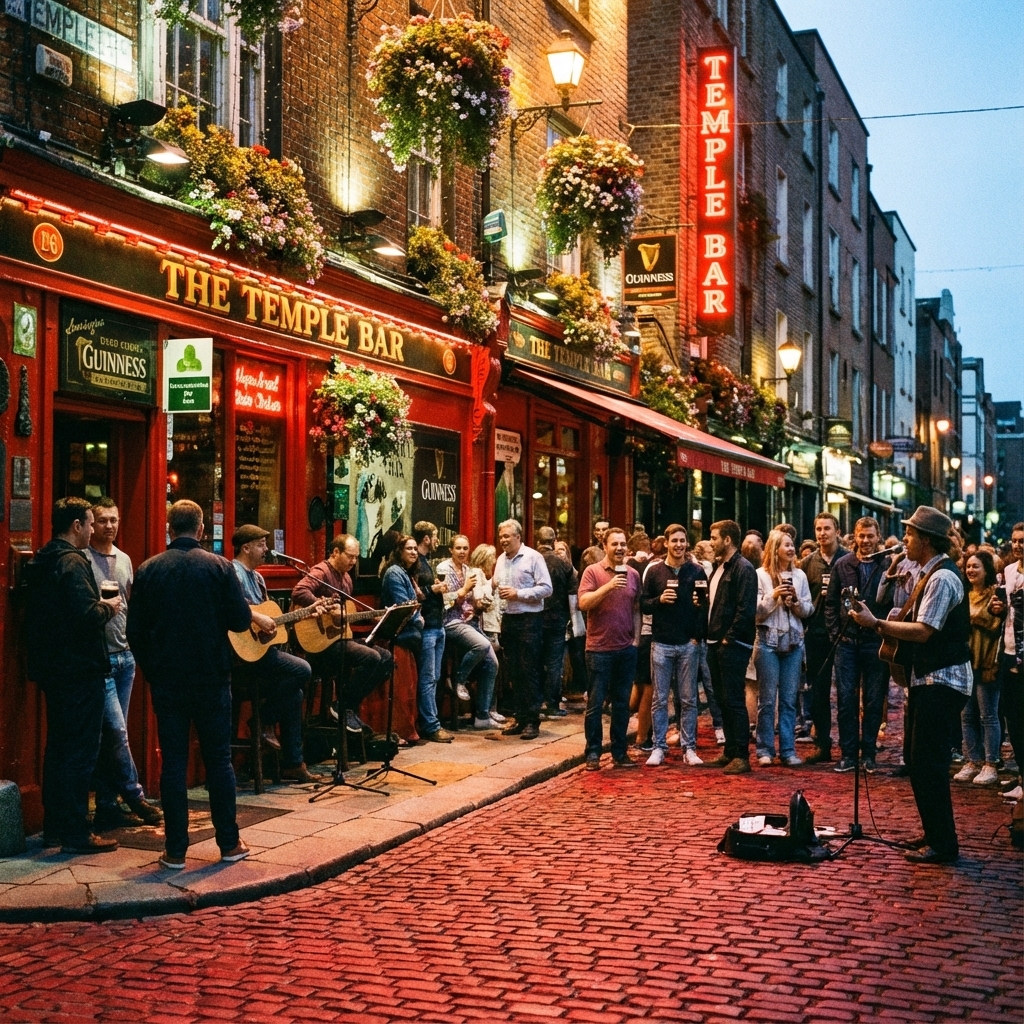 Interior de un pub tradicional irlandés en Dublín con música en vivo