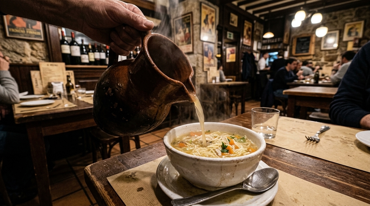 Puchero de barro con cocido madrileño humeante sobre brasas