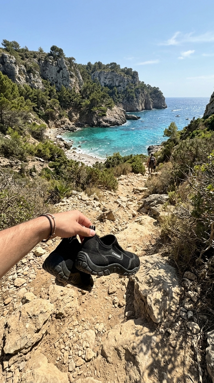 Acceso a pie con escarpines hacia una cala secreta de Mallorca