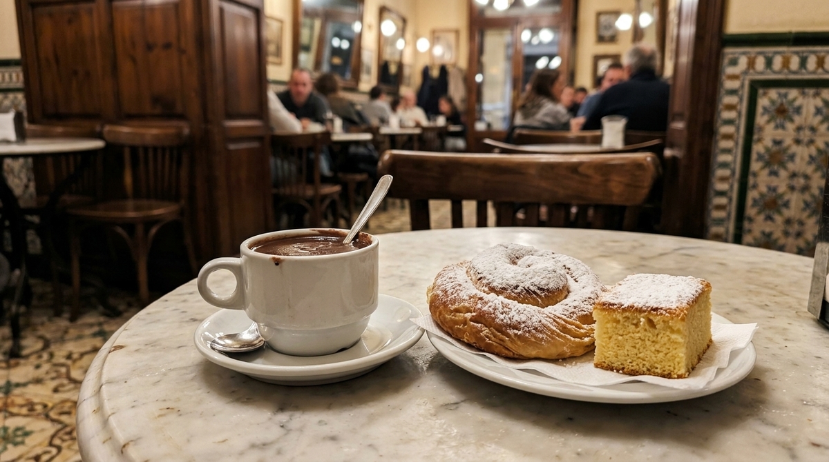 Chocolate a la taza y ensaimada tradicional en Ca'n Joan de S'Aigo