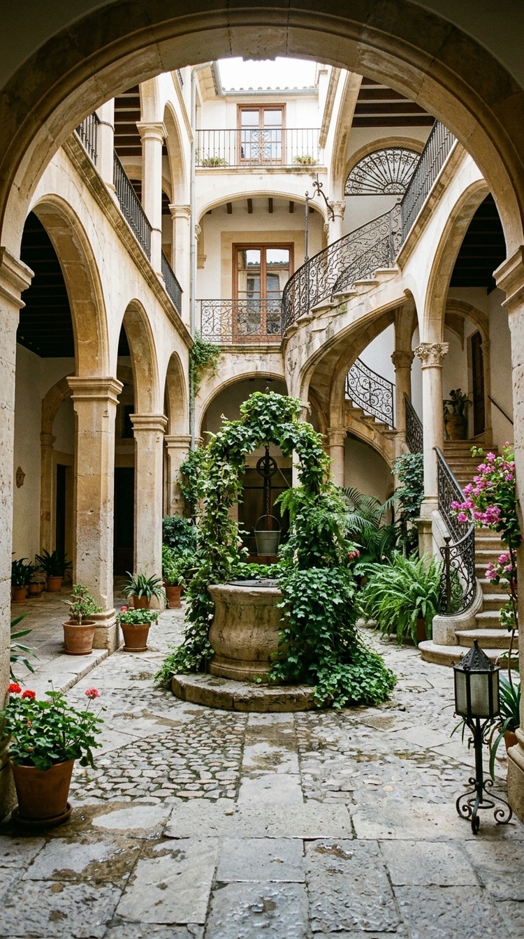 Patio señorial noble con arcos de piedra en el casco antiguo de Palma