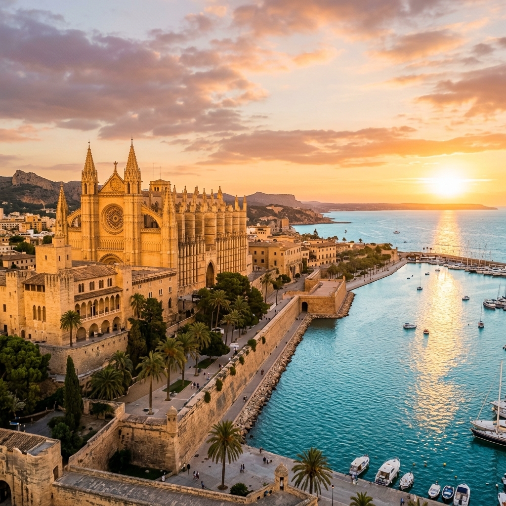 Catedral de Palma de Mallorca (La Seu) al atardecer junto al mar