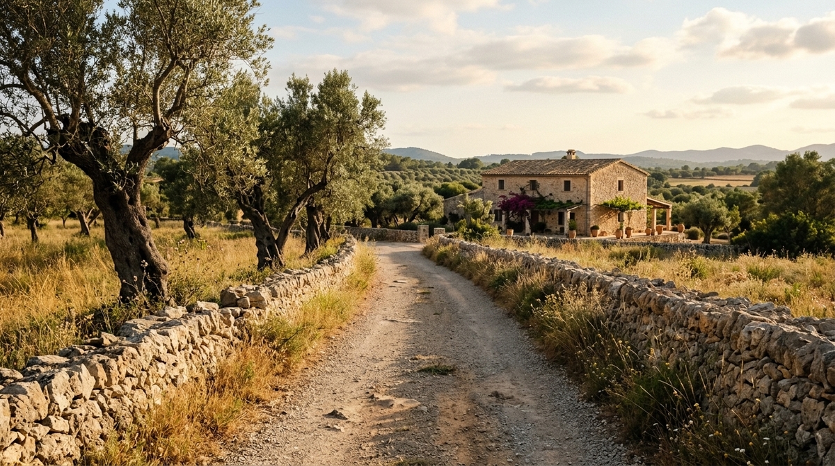 Carretera rural bordeada de muros de piedra en el Pla de Mallorca